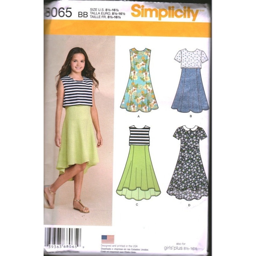 Simplicity 8065 Girls Plus Dress Sewing Pattern Size 8-16 High Low Hem Bodice